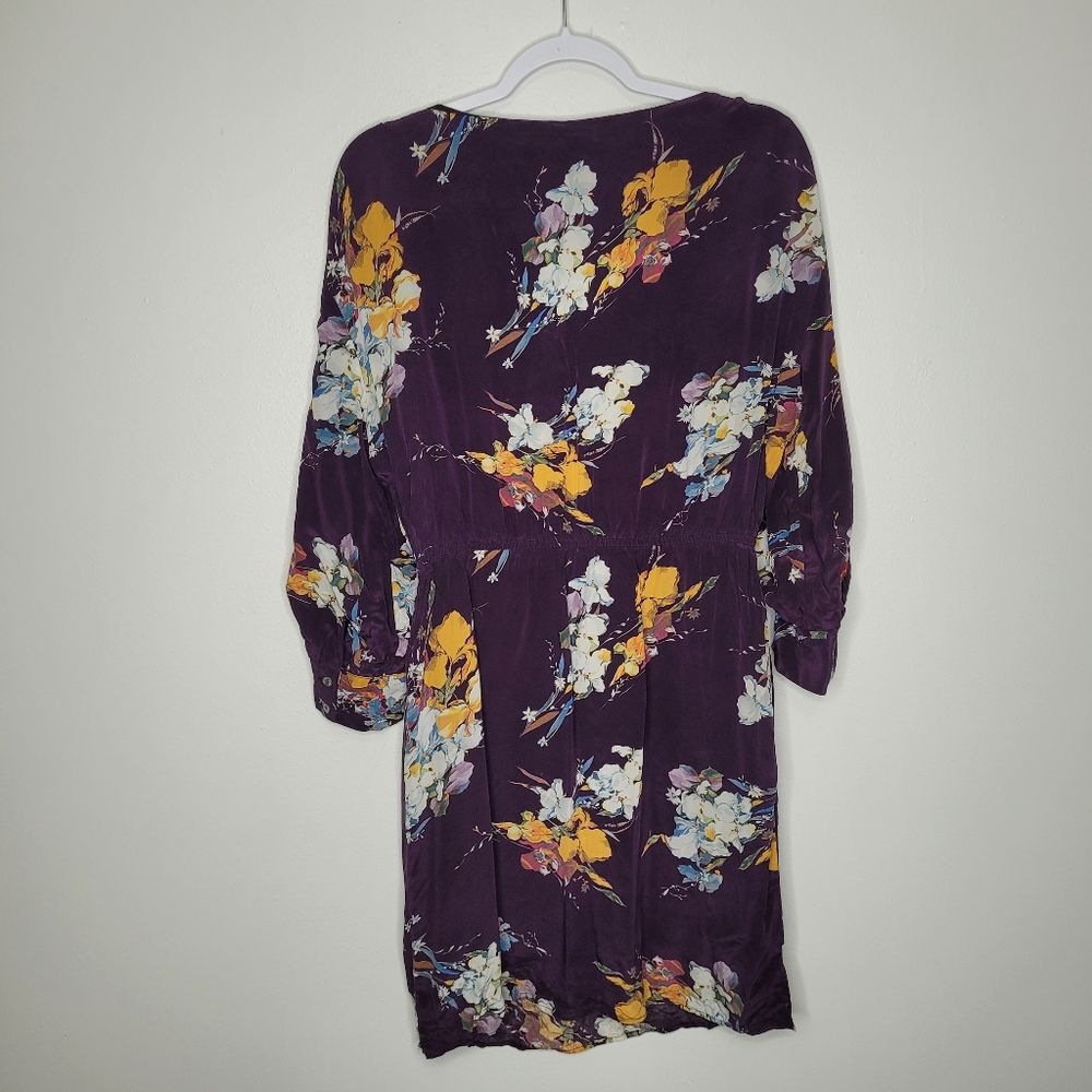 Amour Vert Purple 100% Silk Arabelle Soirée Purple Floral Blouson Short Dress L - Picture 3 of 7